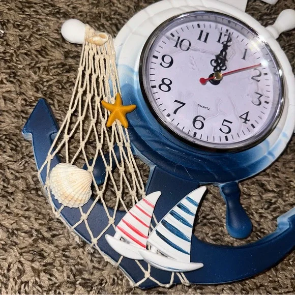 NWOT Nautical Blue and White Anchor Wall Clock - Picture 2 of 10